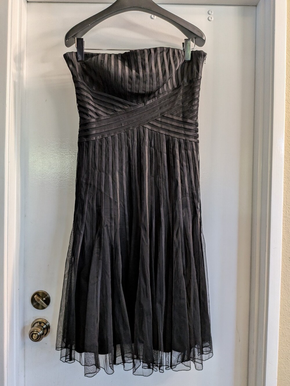 White House Black Market trapless Black Pleated Midi Dress with Cross-Band Waist